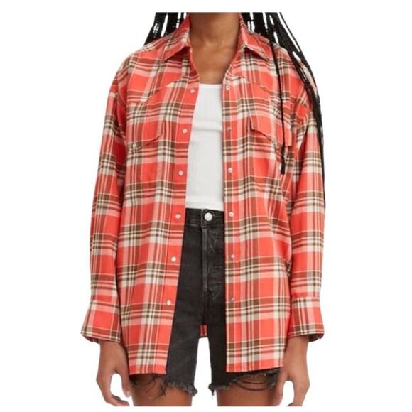 Levi’s Women's Dylan Relaxed Western‎ Plaid Flannel Shirt Size Large New - Picture 1 of 16